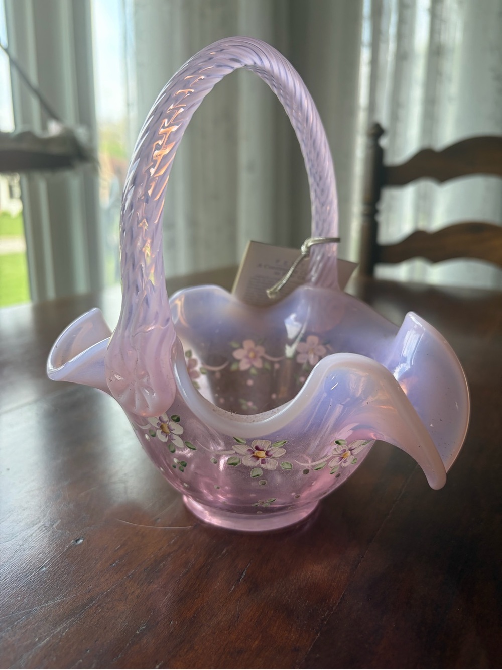 Fenton Lavender Hand-Painted Glass Basket with Twisted Handle